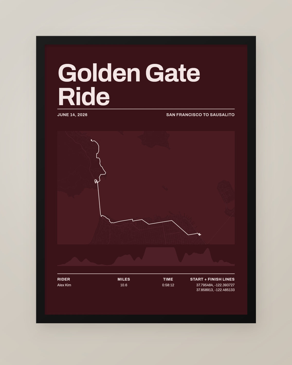 Custom GPX route map of a Golden Gate Bridge bike ride in Oxblood, framed