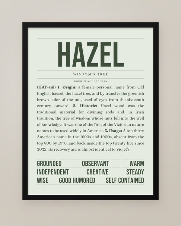 Hazel Name Print, Personalized Baby Name Meaning Wall Art