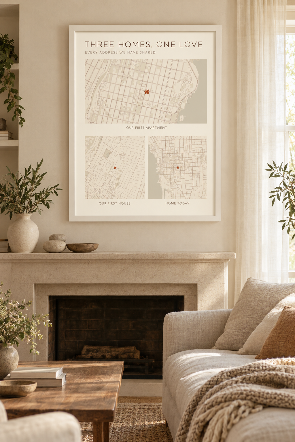 Three Homes One Love Map Collage, Personalized Anniversary Print lifestyle