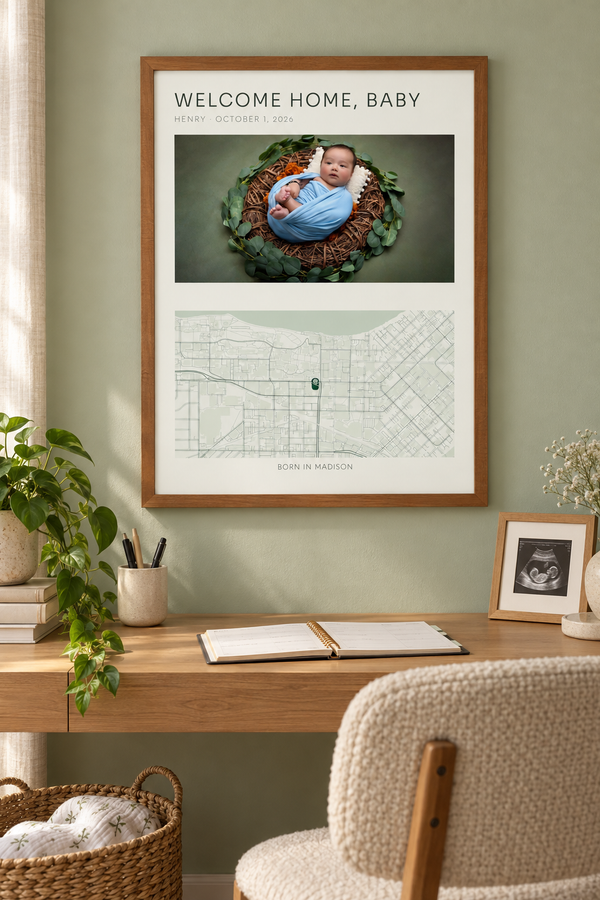 Welcome Home Baby Photo and Map Collage, Personalized Nursery Print lifestyle