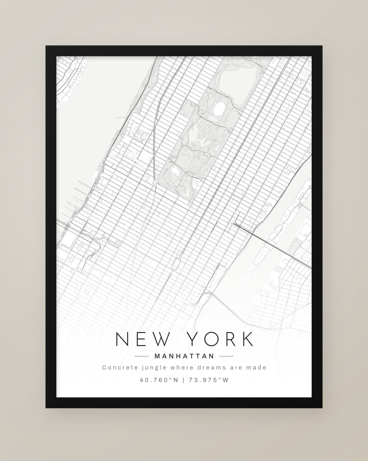 New York Minimalist Map Print, Black and White Manhattan Wall Art
