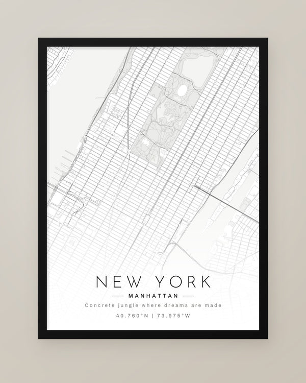 New York Minimalist Map Print, Black and White Manhattan Wall Art