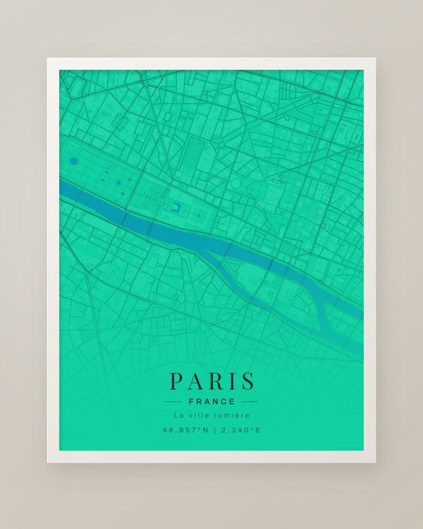 Paris Map Print in Mint, Modern Paris Travel Wall Art