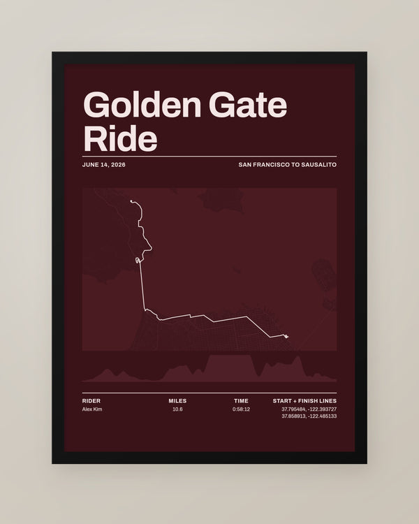 Custom GPX route map of a Golden Gate Bridge bike ride in Oxblood, framed