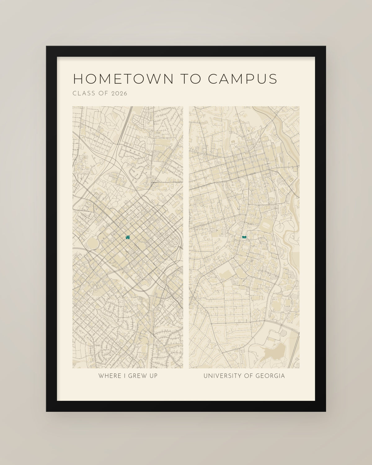 Hometown to Campus Map Collage, Personalized Graduation Gift