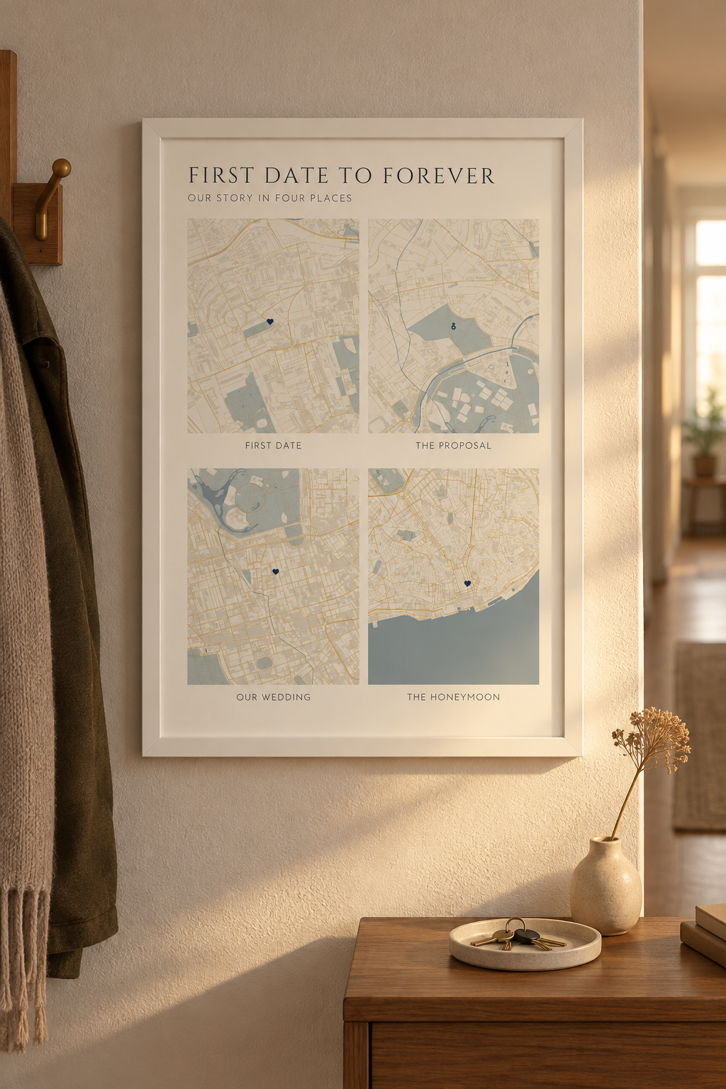 First Date to Forever Map Collage, Personalized 4 Place Wedding Print lifestyle