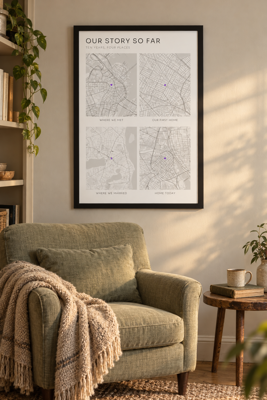 Our Story So Far Map Collage, Personalized 4 Place Anniversary Print lifestyle