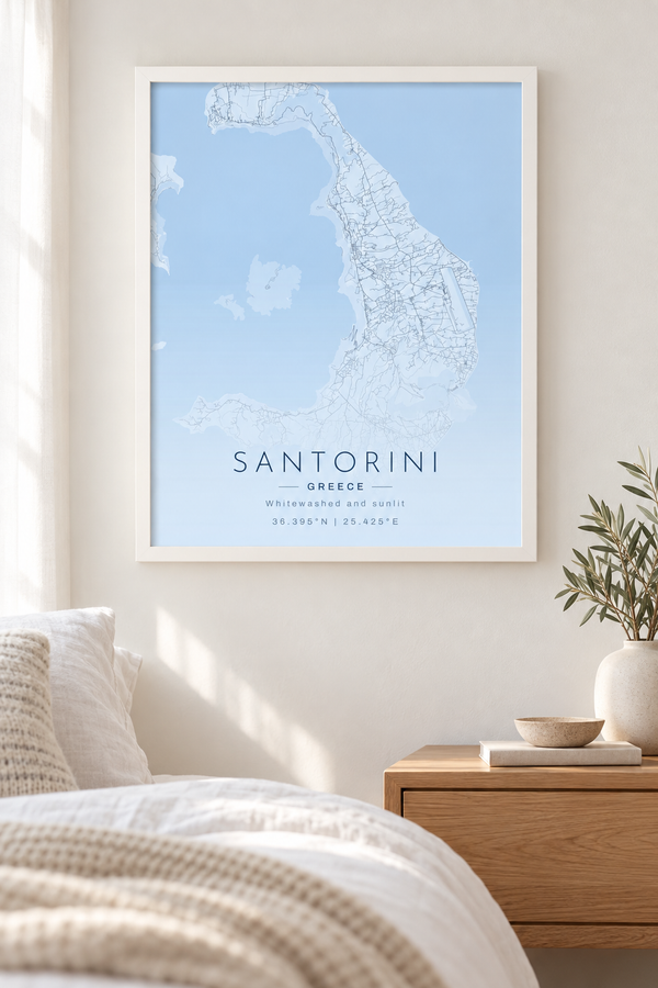 Santorini Map Print in Light Blue, Greek Island Wall Art lifestyle