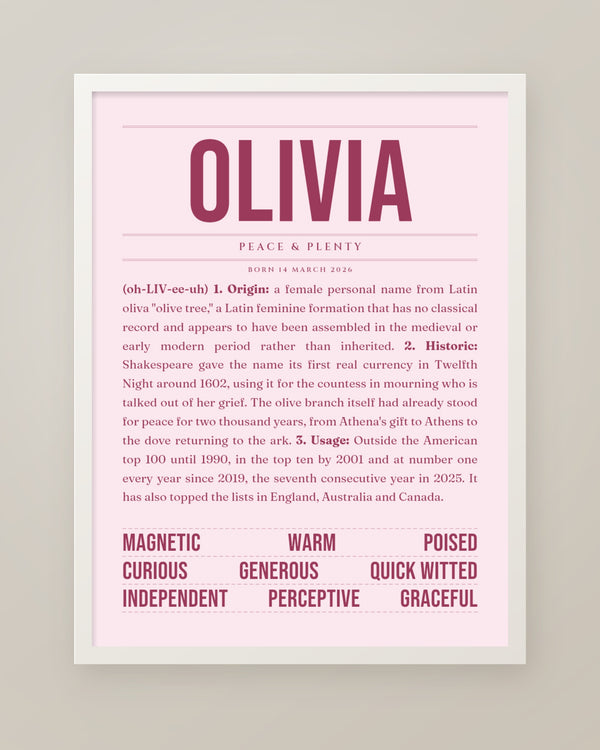 Olivia Name Print, Personalized Baby Girl Nursery Wall Art