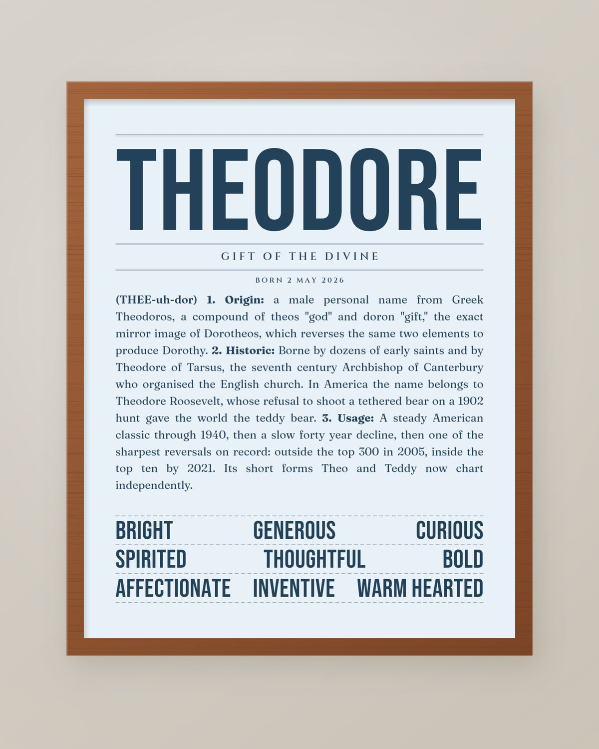 Theodore Name Print, Personalized Baby Boy Nursery Wall Art